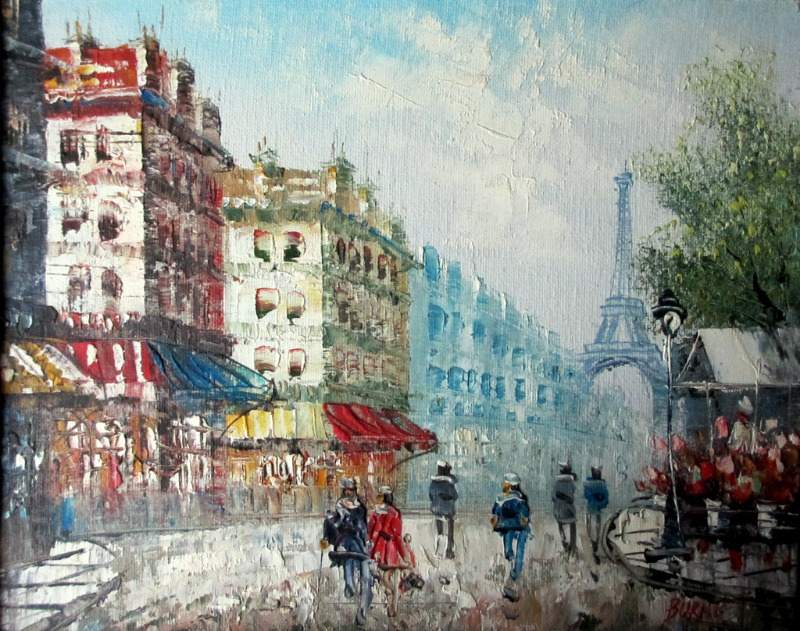 800x631 Parisian Street Scene, Towards Eiffel Tower, Oil On Board, Signed - Paris Street Painting