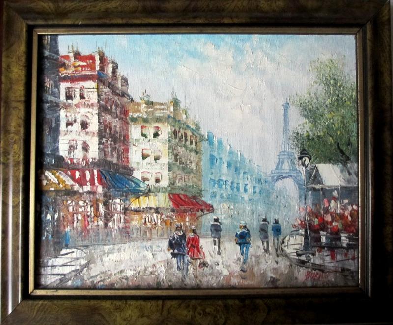 800x663 Parisian Street Scene, Towards Eiffel Tower, Oil On Board, Signed - Paris Street Scene Oil Painting