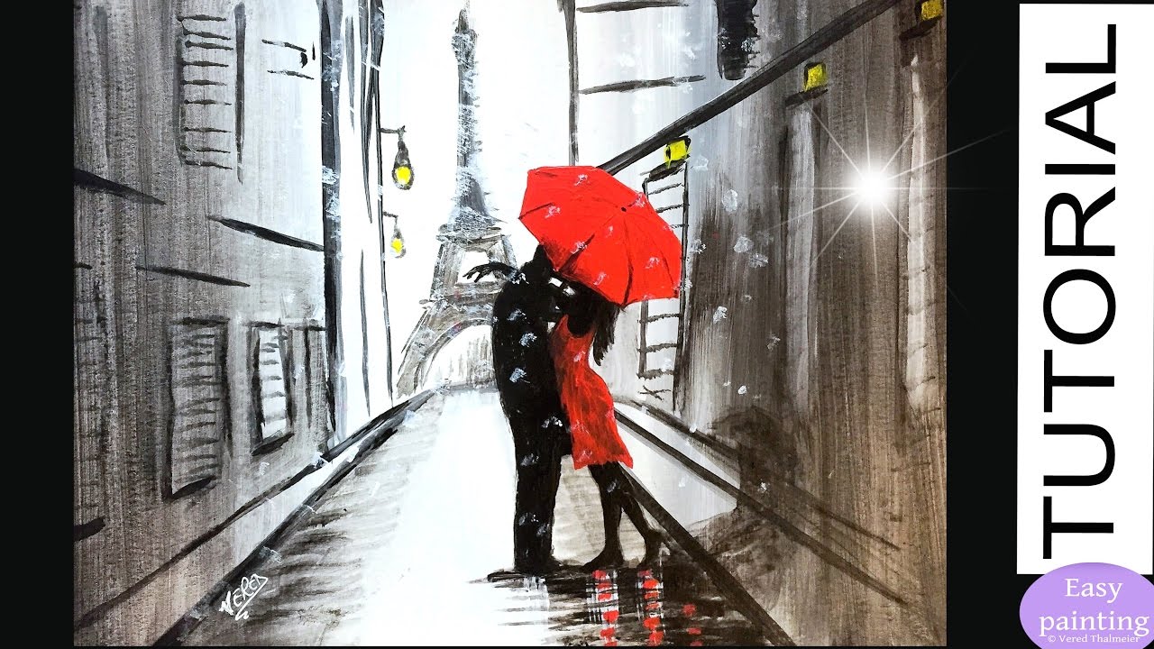 1280x720 How To Paint Couple Red Umbrella In Paris. Lovers Eiffel Tower - Paris Umbrella Painting