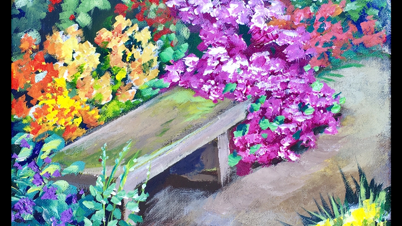 1280x720 Park Bench Among The Flower Beds - Park Bench Painting