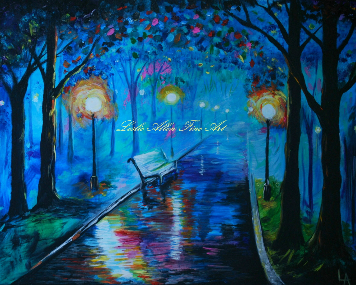 1500x1200 Surreal Romantic Painting Art Print Park Bench Blue Teal - Park Bench Painting