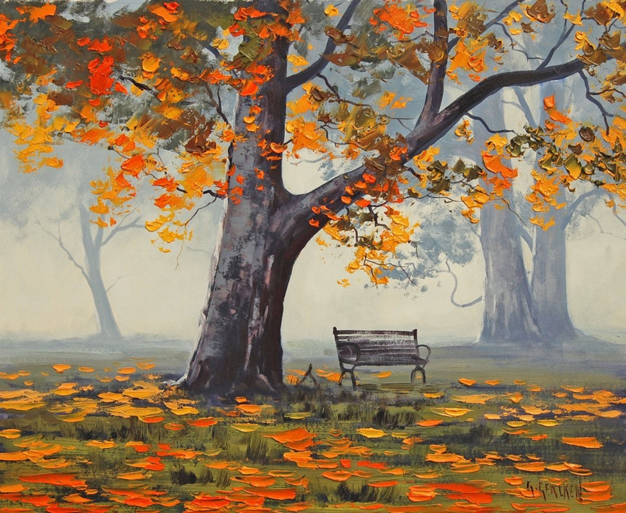 1249x1024 Amusement Parks Park Bench Painting Autumn Pictures For Desktop - Park Bench Painting