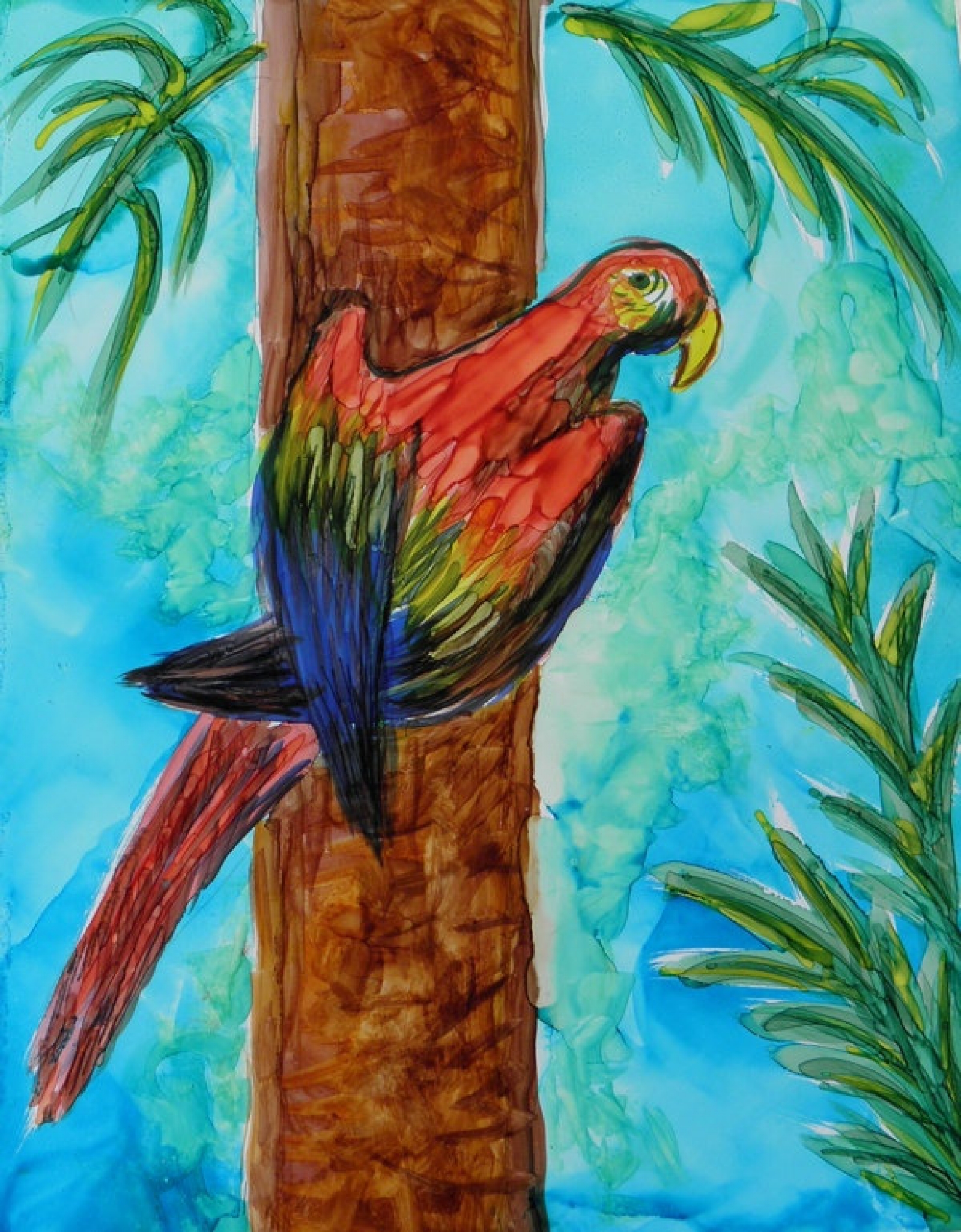 1600x2051 Parrot Painting Alcohol Ink Original 5x7 In Turq And Black Acid - Parrot Painting