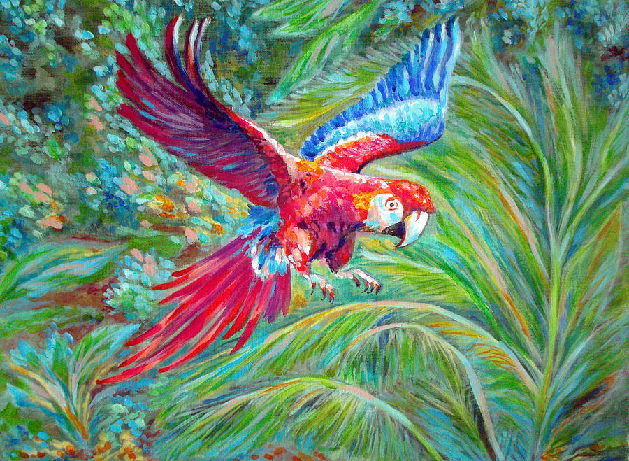 900x659 Flying Parrot Painting By Katreen Queen - Parrot Painting