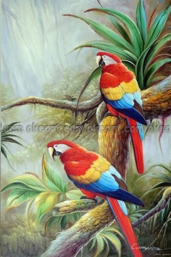 333x500 100% Hand Painted Wild Parrot Pair Birds Jungle Swamp Decoration - Parrot Painting Famous