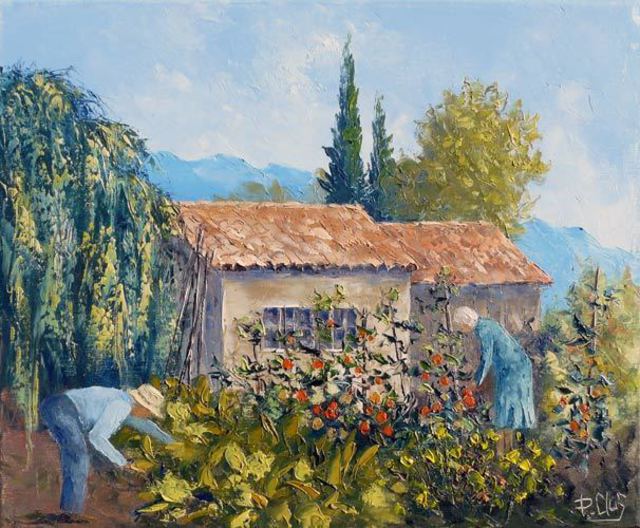 640x528 Pascal Clus Artwork Papy Et Mamy Au Jardin Original Painting - Pascal Painting