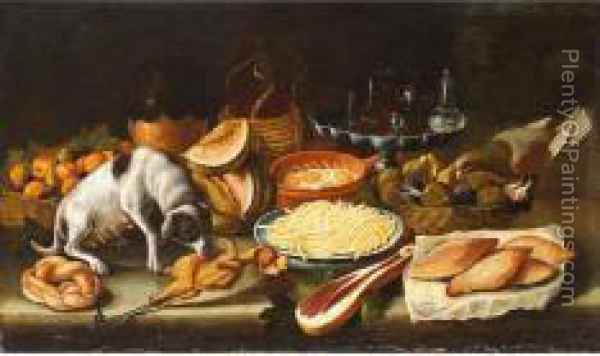 600x356 Natura Morta Con Cane, Carni, Frutta, Melone E Pasta Oil Painting - Pasta Painting