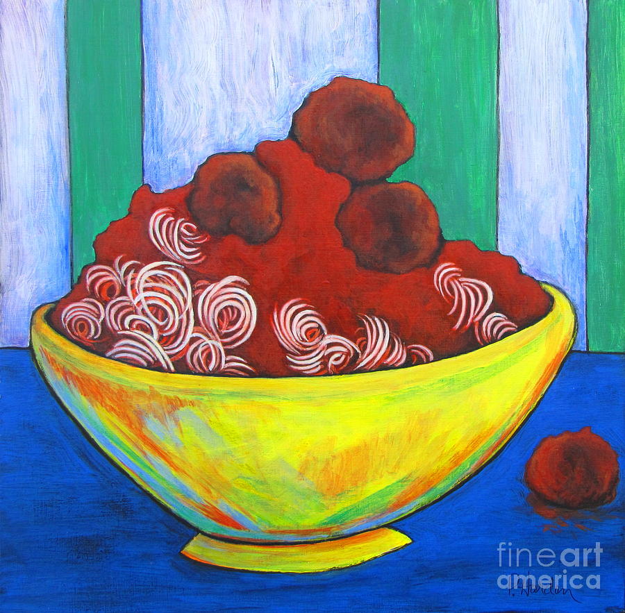 900x883 Spaghetti And Meatballs Painting By Pamela Iris Harden - Pasta Painting