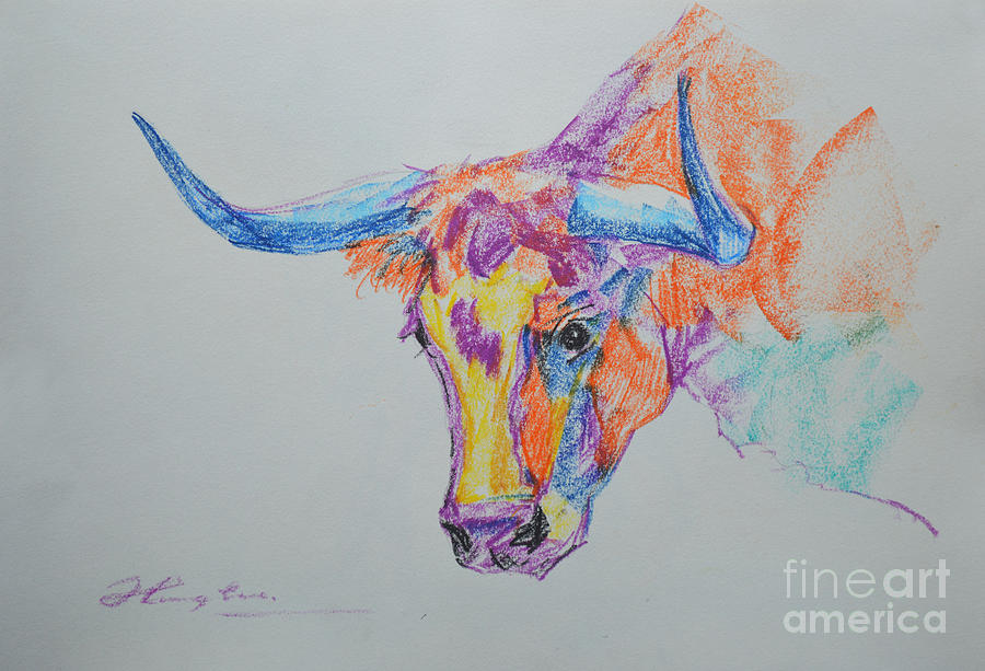 900x613 Original Oil Pastel Abstract Animal Art Cow On Paper - Pastel Cow Painting