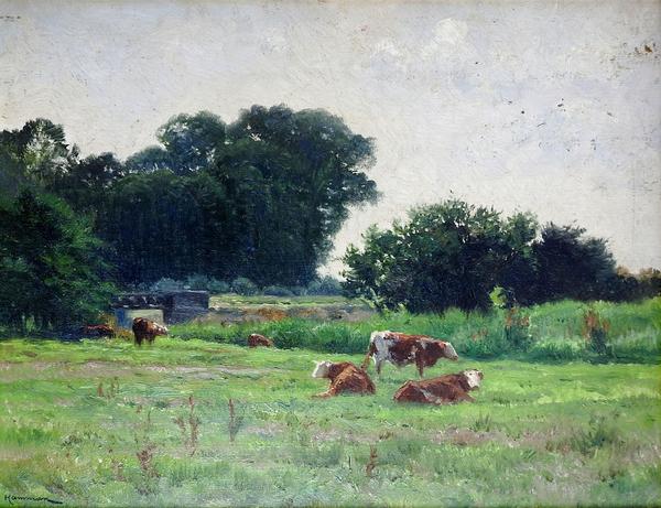 600x461 Pastoral Landscape Painting By Edouard Hamman Artifax Antiques - Pastoral Landscape Painting