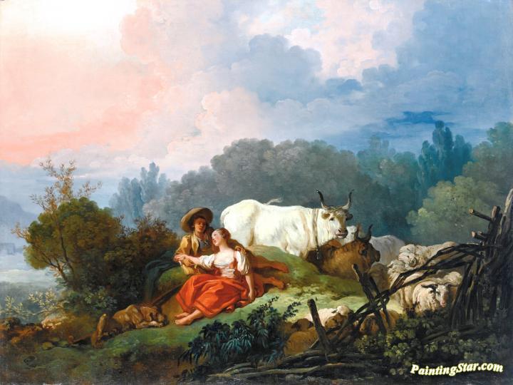 720x540 Pastoral Landscape With A Shepherd And Shepherdess At Rest Artwork - Pastoral Landscape Painting