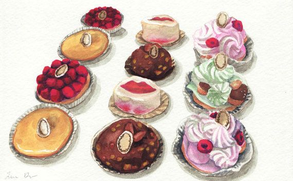 570x353 Paris Desserts Pastry In Rows Gourmet Original Watercolor Painting - Pastry Painting