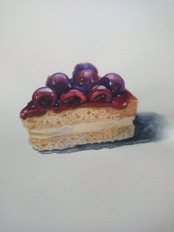 570x760 Cherry Cake Slice Food Art Cake Painting Birthday Cake - Pastry Painting