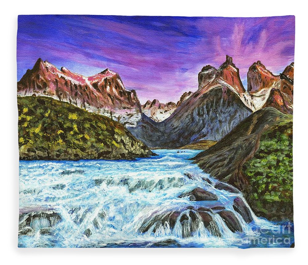 1000x860 Cascades In Patagonia Painting Fleece Blanket For Sale By Timothy - Patagonia Painting