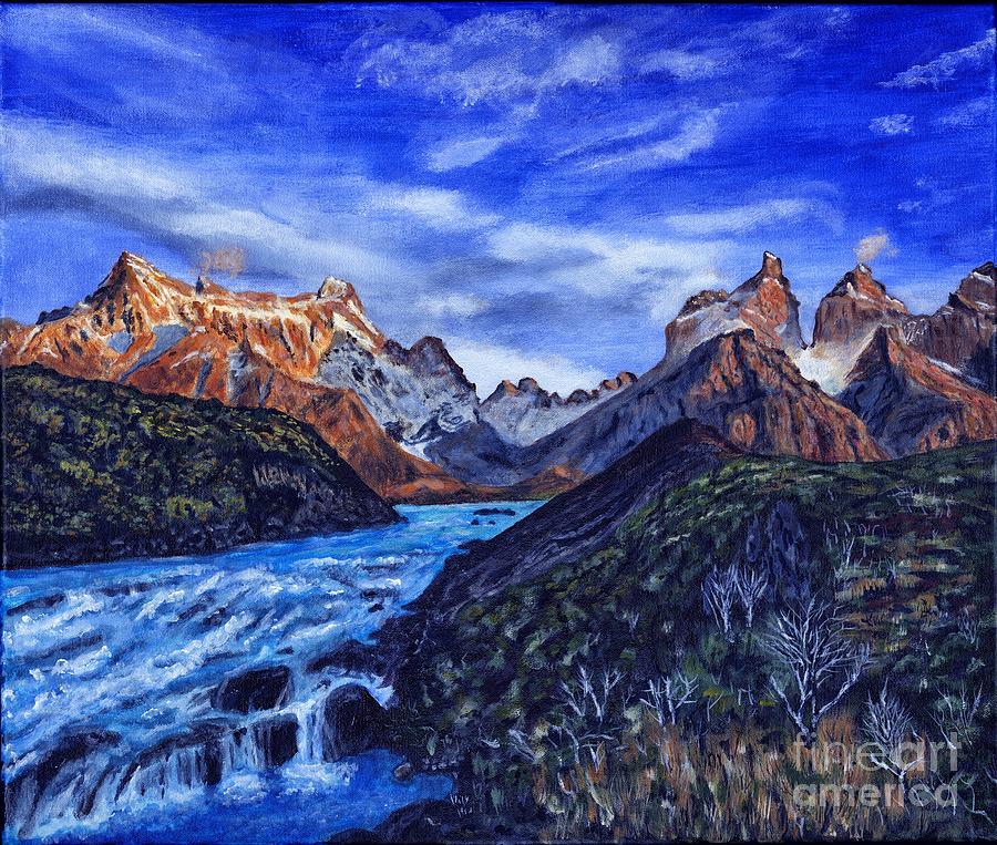 900x763 Cascades Torres Del Paine Painting Painting By Timothy Hacker - Patagonia Painting