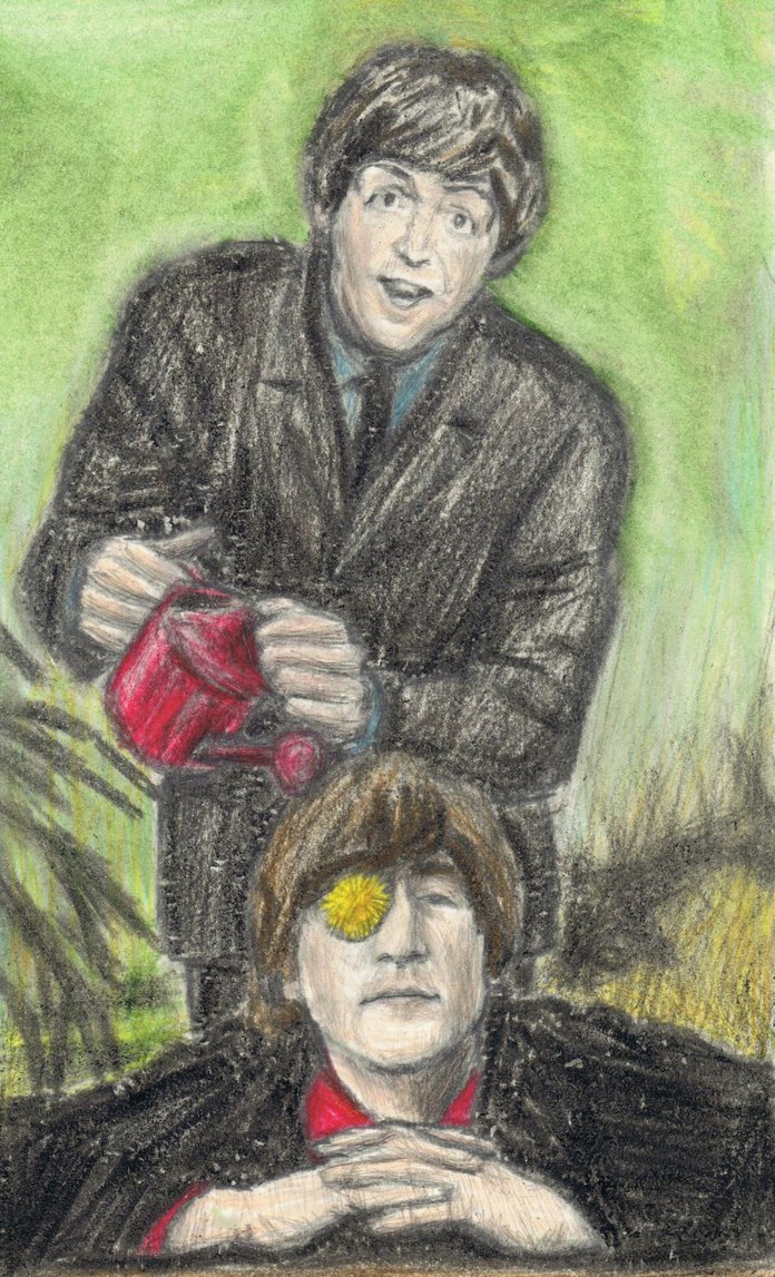 696x1147 Paul Mccartney Watering John Lennon's Flower By Gagambo - Paul Mccartney Painting Of John Lennon