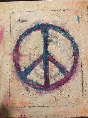 300x400 Handmade Vintage Hipster Distressed Peace Sign Canvas Painting Art - Peace Sign Painting
