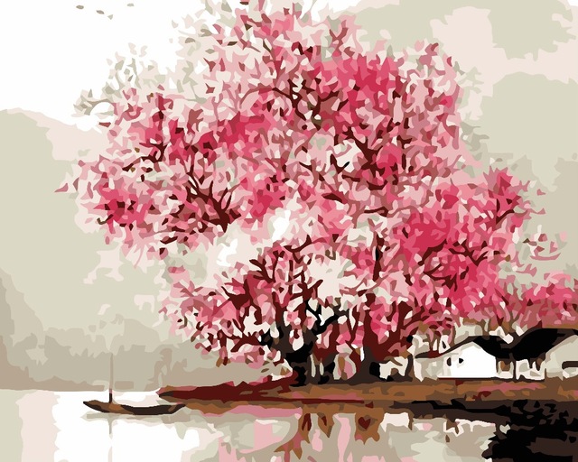 640x512 Frameless The Pink Peach Blossom Diy Oil Painting By Numbers - Peach Blossom Painting