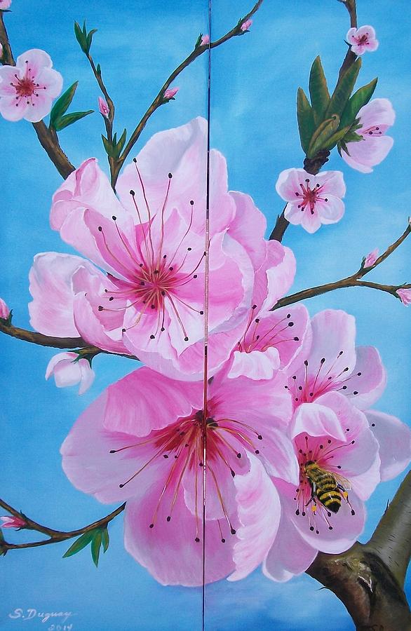 586x900 Peach Tree In Bloom Diptych Painting By Sharon Duguay - Peach Tree Painting