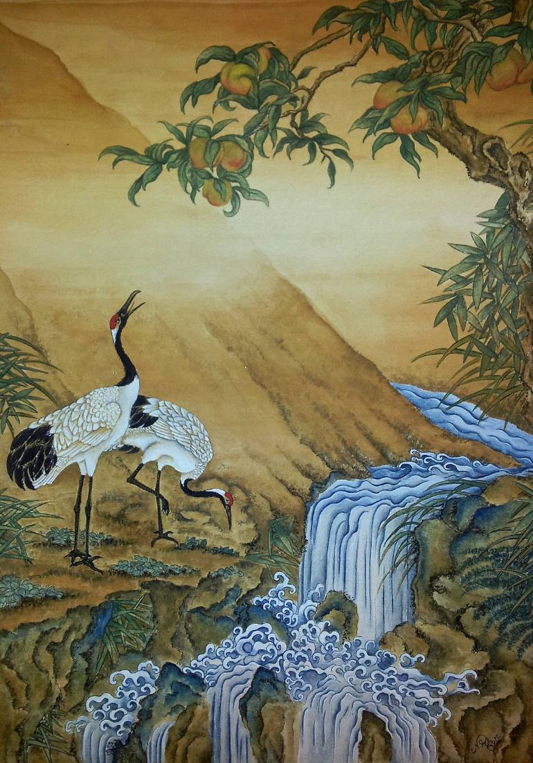 770x1102 Saatchi Art Cranes Under A Peach Tree Painting By Nicola Mountney - Peach Tree Painting