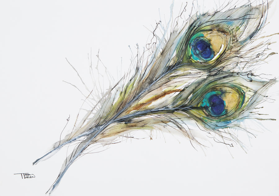 900x633 Watercolor Painting Of Two Peacock Feathers. - Peacock Feather Painting