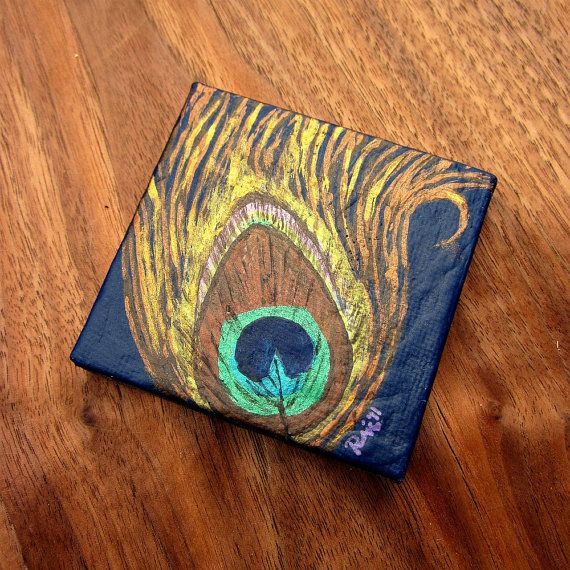 570x570 Painting Peacock Feather Original Miniature Acrylic, Mini No. 004 - Peacock Feather Painting Acrylic