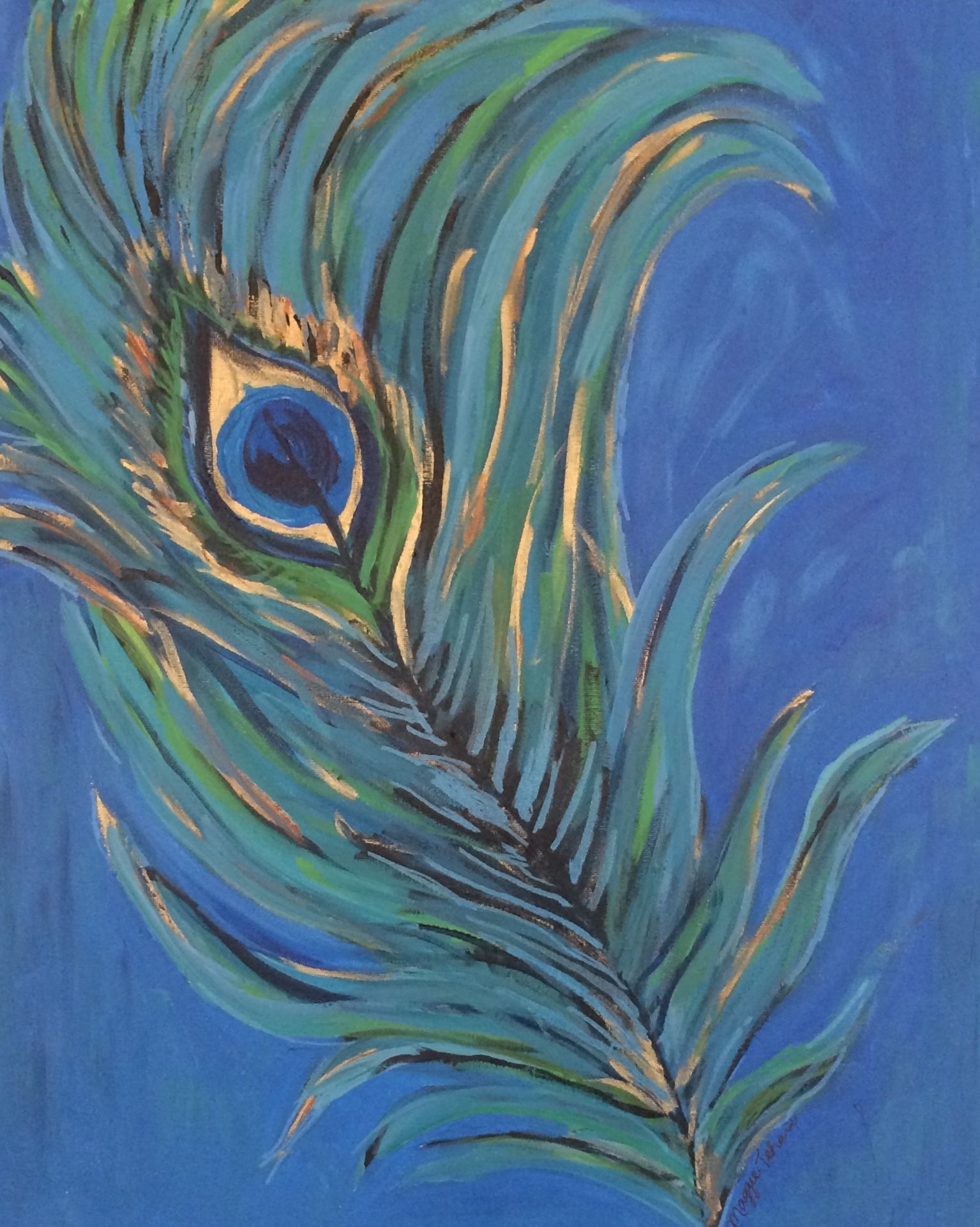 1535x1921 Peacock Feather, 16x20 Acrylic Painting Maggie Tehan - Peacock Feather Painting Acrylic