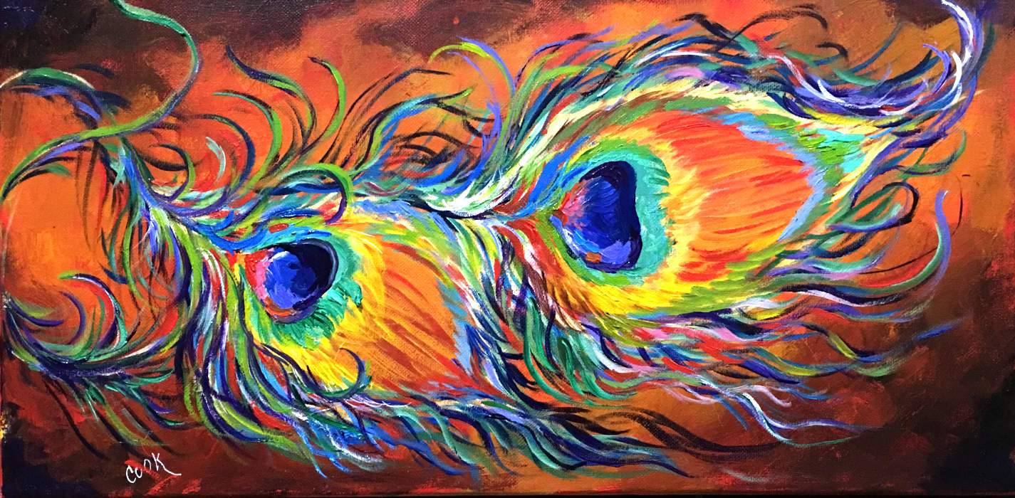 1425x700 Rainbow Peacock Feathers In A Figurative Abstract Acrylic Painting - Peacock Feather Painting Acrylic