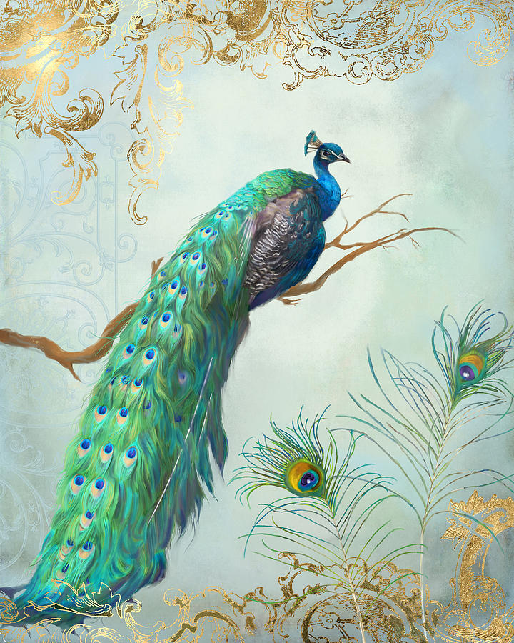 720x900 Regal Peacock 1 On Tree Branch W Feathers Gold Leaf Painting By - Peacock Images Painting