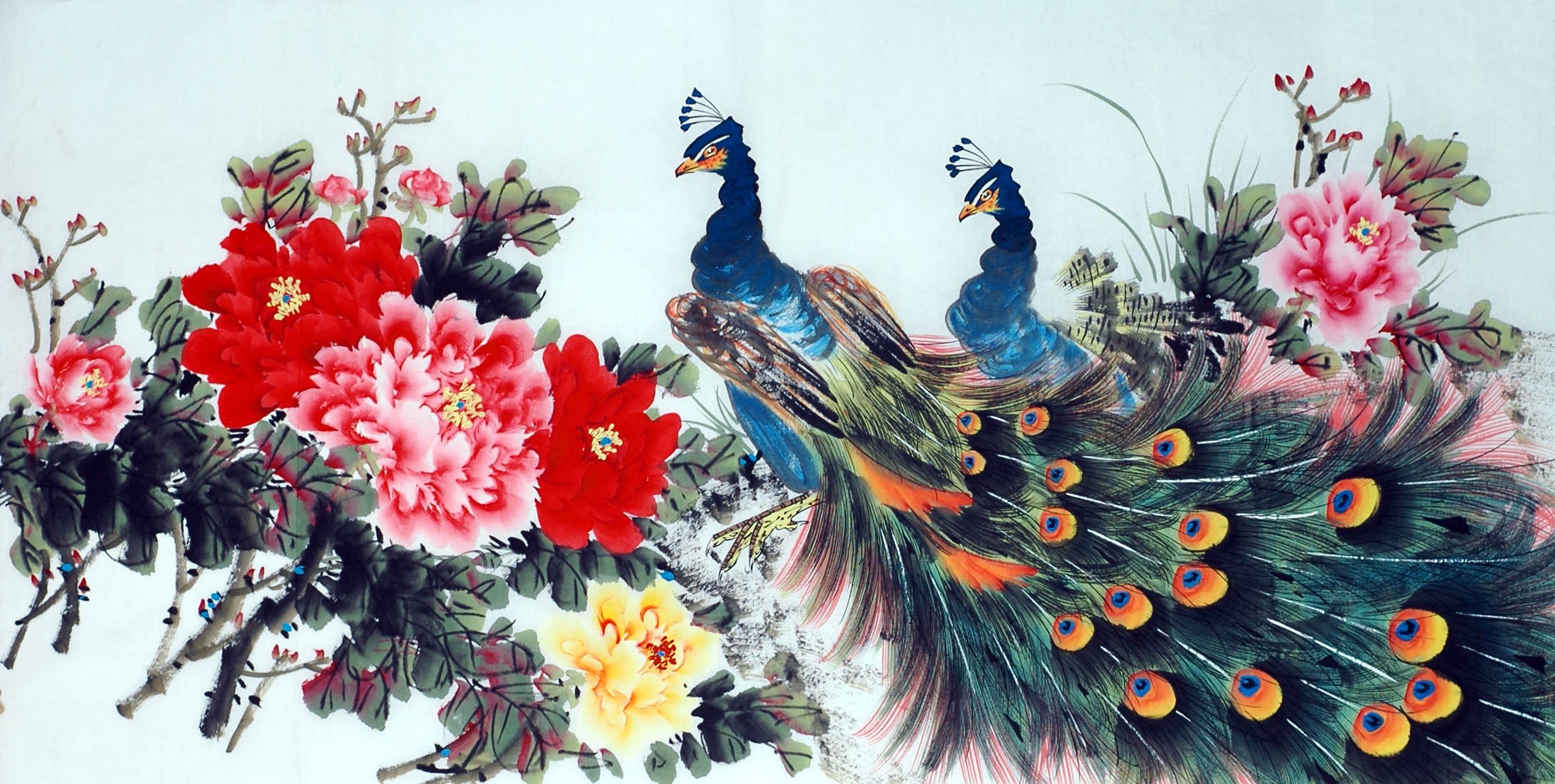 2392x1207 Chinese Peacock Painting - Peacock Images Painting