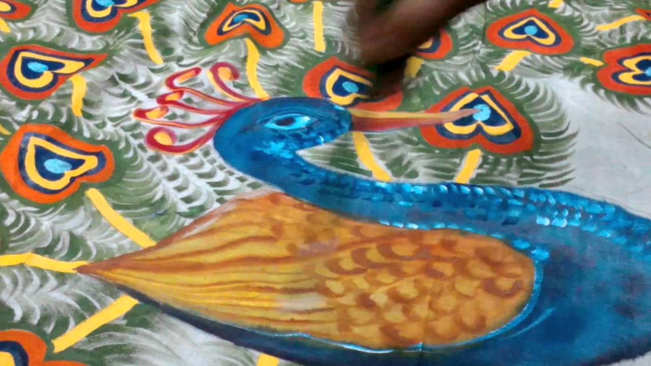 1280x720 How To Draw Complete Peacock Classical Art On The Saree Boutique - Peacock Mural Painting