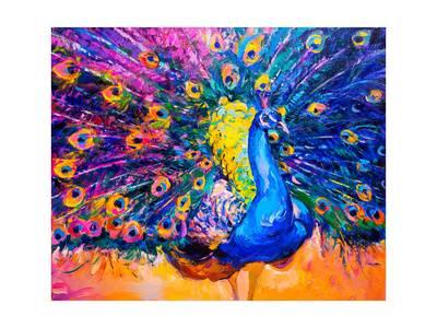 400x300 Original Oil Painting On Canvas. Colorful Peacock. Modern Art Art - Peacock Oil Painting