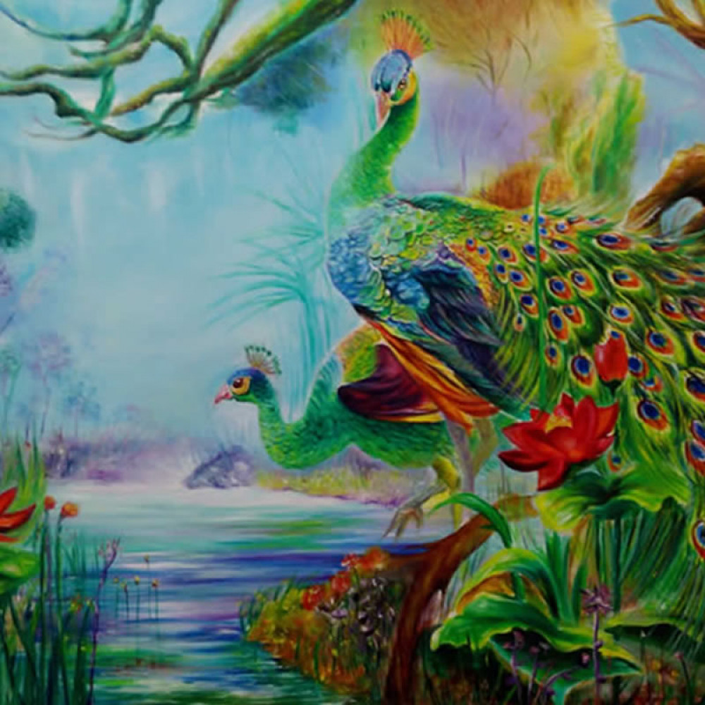 1000x1000 Peacock Oil Painting Canvas Robin Varol - Peacock Oil Painting