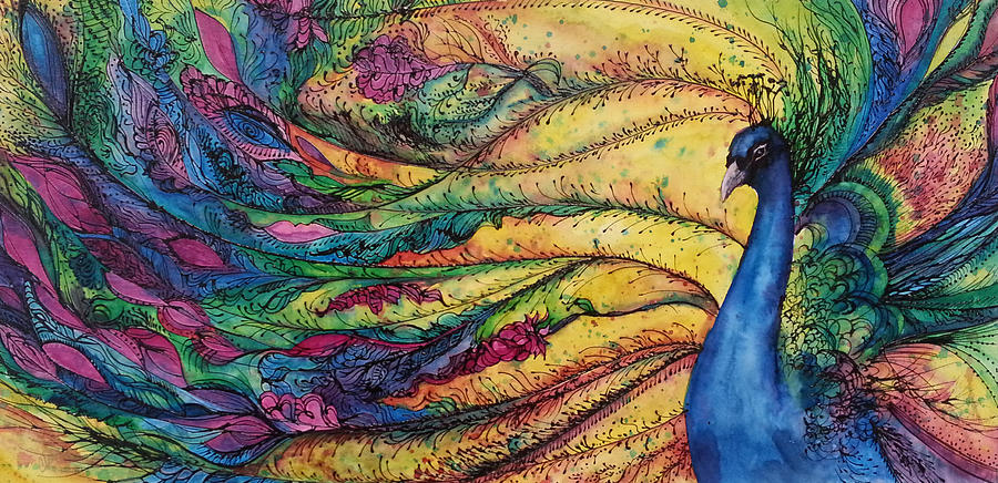 900x436 Rainbow Peacock Painting By Christy Freeman - Peacock Painting
