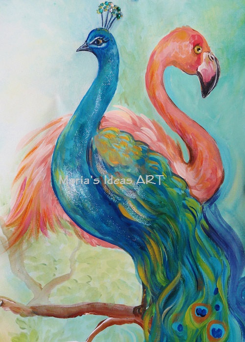 500x699 Peacock Art, Flamingo Art, Two Birds, Bird Wall Art, Exotic Bird - Peacock Painting For Kids