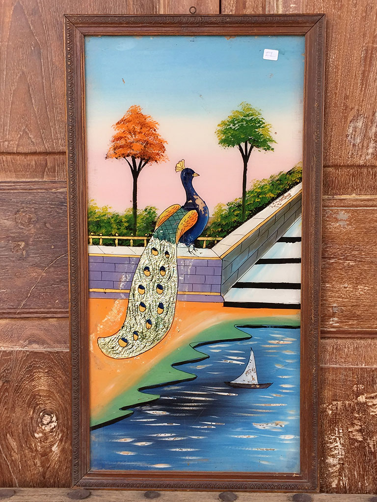 768x1024 Vintage Painting On Glass Of A Peacock - Peacock Painting Vintage