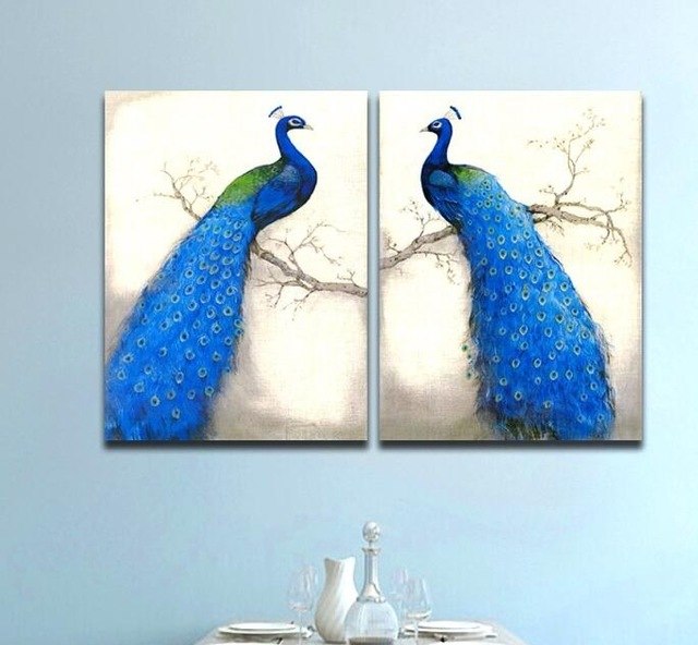 640x592 2pcs Modern Vintage Blue Peacock Painting Canvas Painting Branch - Peacock Painting Vintage