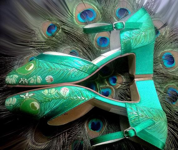 570x481 Emerald Green Wedding Shoes, Emerald Green Mary Janes , Green - Peacock Painting Vintage