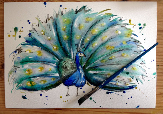 570x401 Peacock Painting Watercolour And Mixed Media Puddle Paints - Peacock Painting Watercolor