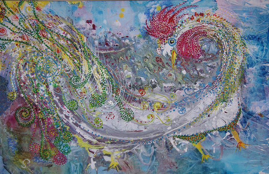 900x582 Rooster With The Peacock Tail Painting By Sima Amid Wewetzer - Peacock Tail Painting