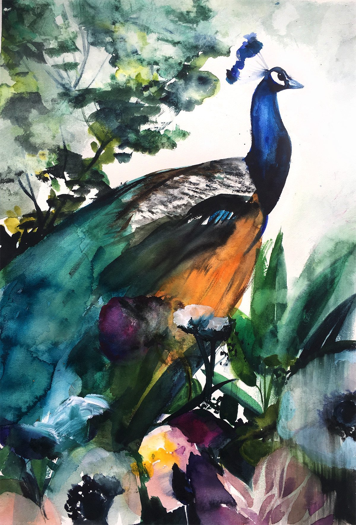 1200x1770 Peacock Garden Original Watercolor Painting - Peacock Watercolor Painting