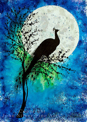 284x400 Moon Peacock Portrait Original Watercolour Painting By Uk Artist - Peacock Watercolor Painting
