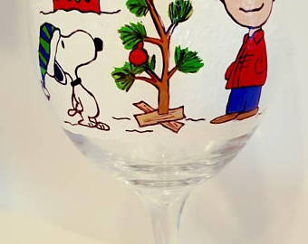 340x270 Snoopy Wine Glass Etsy - Peanuts Christmas Painting