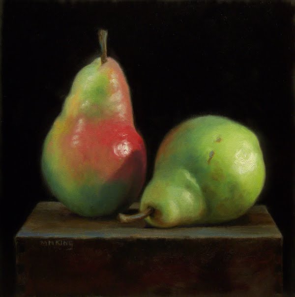 600x604 Small Oil Paintings Two Pears On A Box Sold - Pear Oil Painting