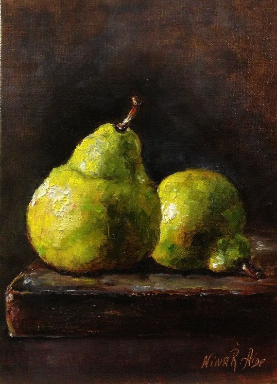 570x790 Two Green Pears Original Oil Painting By Nina R.aide Linen Panel 7 - Pear Oil Painting