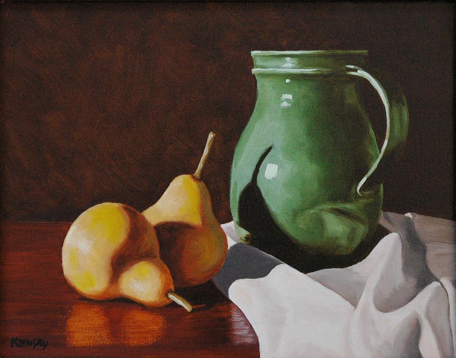 900x707 Pears With Water Jug Still Life Painting By Daniel Kansky - Pear Still Life Painting