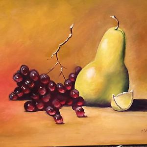 300x300 Artwork Original Oil Painting, Still Life, Fruit, Grapes And Pear - Pear Still Life Painting