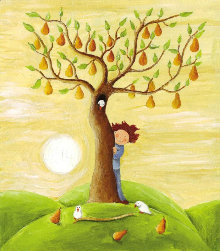 700x800 Cartoon Oil Painting 05 B (Boy Behind Pear Tree) Wholesale Canvas - Pear Tree Painting