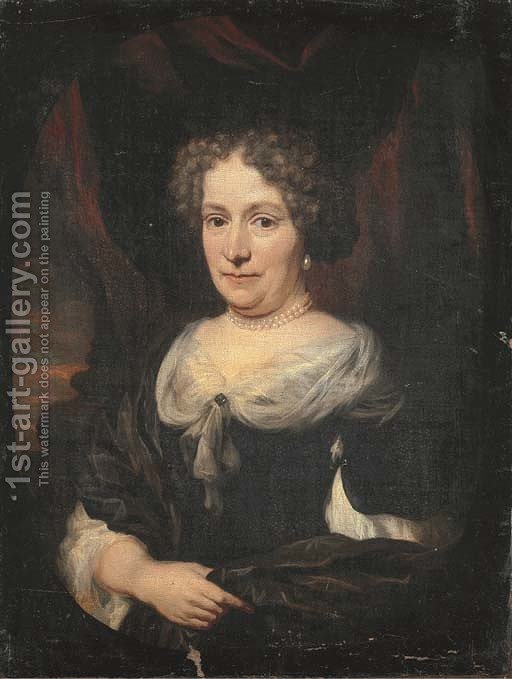 512x679 Portrait Of A Lady, Half Length, In A Black Dress With A White - Pearl Necklace Painting