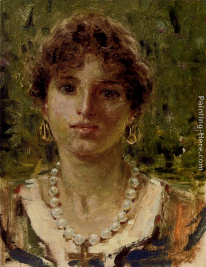 720x933 Francesco Paolo Michetti Portrait Of A Girl Wearing A Pearl - Pearl Necklace Painting